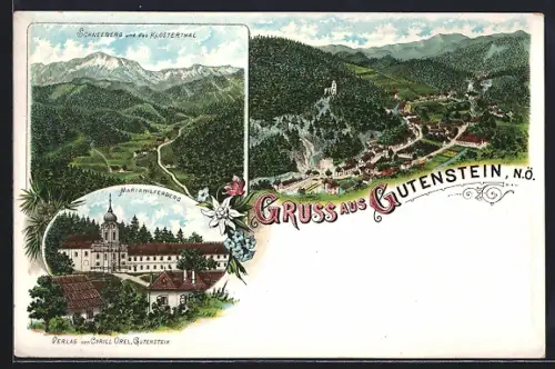 Lithographie Gutenstein, Schneeberg & das Klosterthal, Mariahilferberg, Ortsansicht aus der Vogelschau