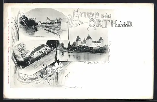 AK Orth a. d. D., Ortsansichten an Fluss- und Strassenpartie
