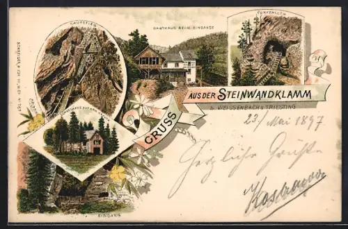 Lithographie Furth an der Triesting, Steinwandklamm, Gasthaus beim Eingange, Schutzhaus auf dem Kreuth