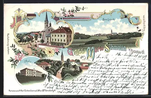 Lithographie Maria Schmolln, Asyl, Kirche am Marktplatz, Totalansicht