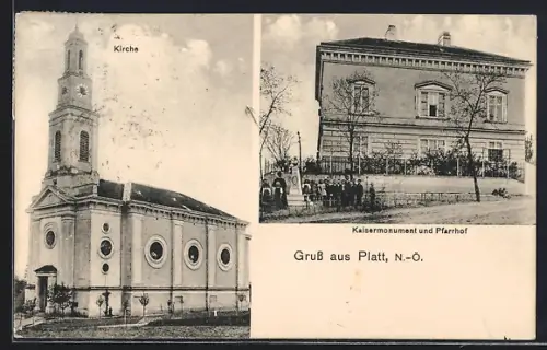 AK Zellerndorf /N.-Ö., Gruss aus Platt, Kaisermonument, Pfarrhof, Kirche