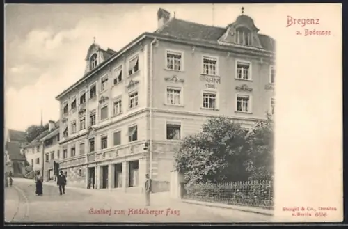 AK Bregenz a. Bodensee, Gasthof zum Heidelberger Fass und Strassenpartie