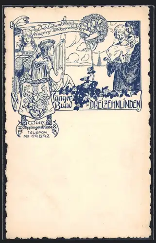 Künstler-AK Wien, Sänger-Bund Dreizehnlinden Wipplingerstrasse 8, Musikerin mit Harf