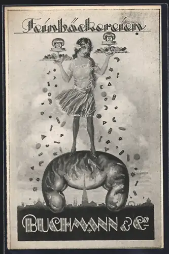 AK Wien, Feinbäckerei Buchmann & Co. Rathausstrasse 8, Mädchen mit Backwaren über Stadt-Silhouette