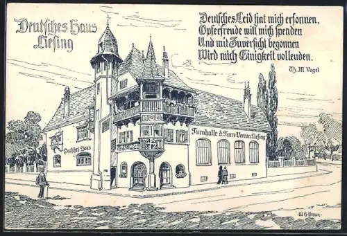 Künstler-AK München-Giesing, Turnhalle und Gasthof Deutsches Haus