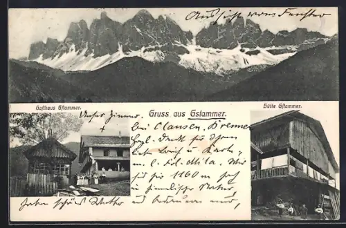 AK Klausen, Gruss aus Gstammer, Gasthaus und Hütte, Gebirgspanorama