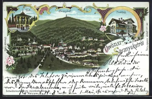 Lithographie Bad Sauerbrunn, Ortsansicht mit Pavillon und Villa