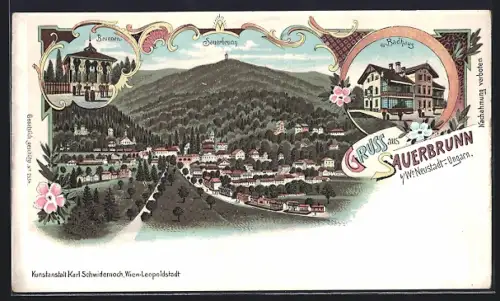 Lithographie Sauerbrunn, Brunnen und Ortsansicht
