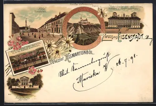 Lithographie Eisenstadt, Hauptplatz, K.u.k. Militär-Unter-Realschule, Residenz des Fürsten Esterhazy