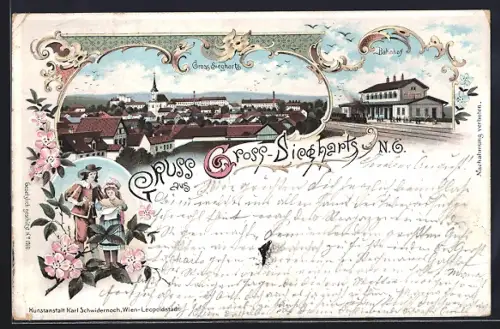 Lithographie Gross-Siegharts, Blick über die Dächer, Bahnhof, Blumen