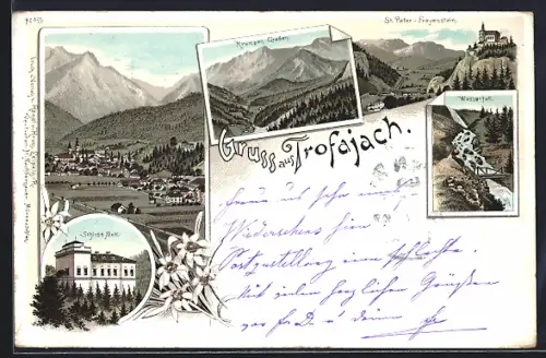 Lithographie Trofaiach, Wasserfall, Schloss Mell, Ortsansicht