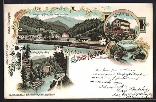 Lithographie Gross-Reifling /Steiermk., Ennsthaler-Hütte, Mündung d. Salza i. Enns, Ortsansicht