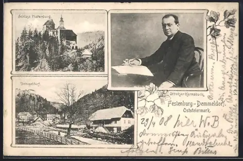 AK St. Lorenzen am Wechsel, Festenburg-Demmeldorf, Ottokar Kernstock, Schloss Festenburg, Ortspartie