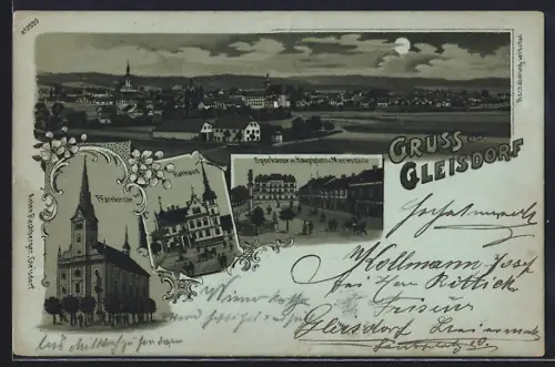 Lithographie Gleisdorf, Ortspanorama, Kirche, Sparkasse am Hauptplatz