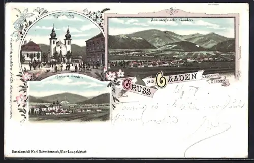 Lithographie Gaaden /Nieder-Oesterr., Kirchenplatz, Ortsansicht aus der Vogelschau