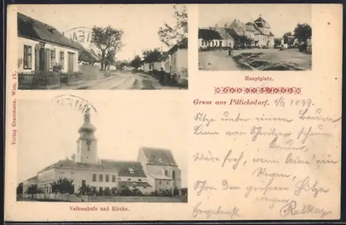 AK Pillichsdorf, Volksschule und Kirche, Hauptplatz