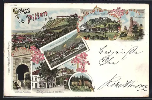 Lithographie Pitten, Blick über den Ort, Bahnhof, Geschäftshaus Josef Glöckler