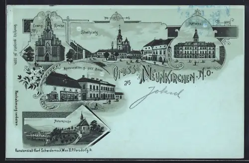 Mondschein-Lithographie Neunkirchen, Restauration zur Goldenen Birne, Rathaus, Stadtplatz