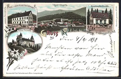 Lithographie Raach a. Hochgebirge, Schloss Wartenstein und Hotel zur schönen Aussicht