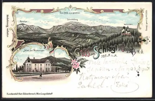 Lithographie Raach am Hochgebirge, Gruss aus Schlagl, Hotel Joh. Westermayer