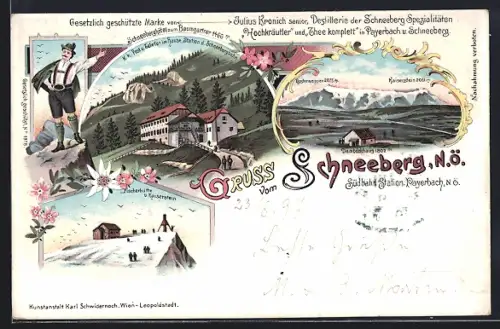 Lithographie Puchberg am Schneeberg, Schneeberghotel zum Baumgartner, Destillerie Kronich