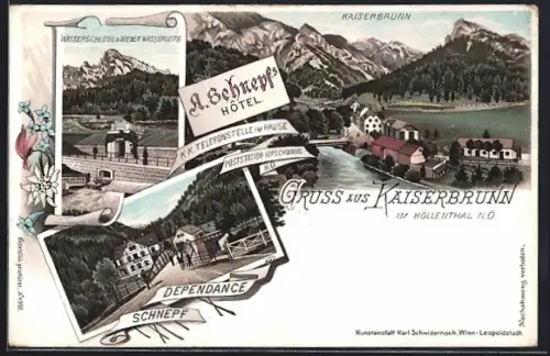 Lithographie Kaiserbrunn i. Höllenthal, A. Schnepfs Hotel, Wasserschloss d. Wiener Wasserleitg.