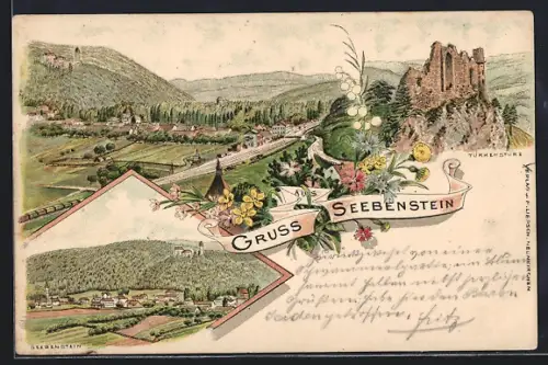 Lithographie Seebenstein, Ortsansicht mit Bahnhof und Türkensturz