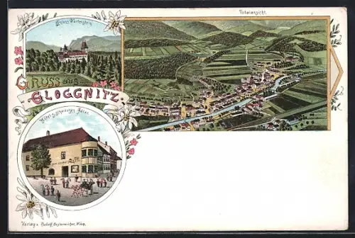 Lithographie Gloggnitz, Hotel Zum schwarzen Adler, Totalansicht, Schloss Wartenstein