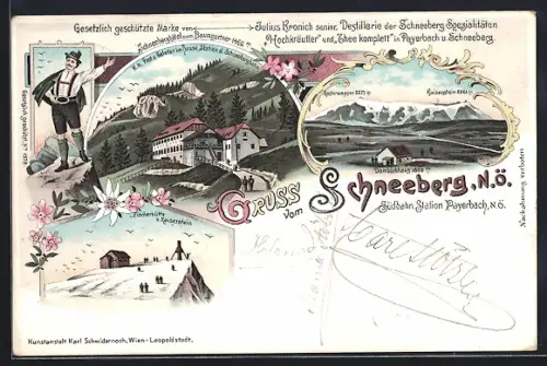 Lithographie Puchberg am Schneeberg, Schneeberghotel zum Baumgartner, Destillerie Kronich