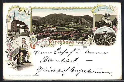 Lithographie Kirchberg a. Wechsel, Panorama, Wartenstein, St. Corona