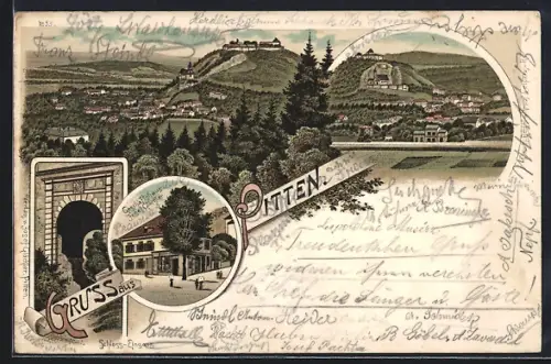 Lithographie Pitten, Schloss-Eingang, Geschäftshaus Josef Glöckler