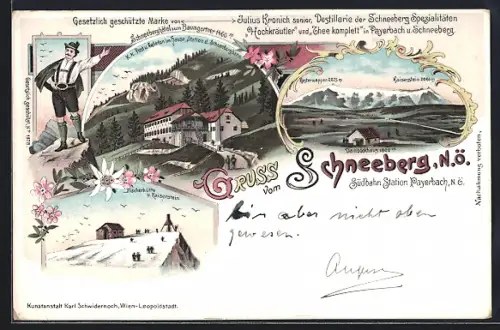 Lithographie Puchberg am Schneeberg, Schneeberghotel zum Baumgartner, Destillerie Kronich