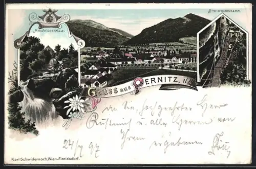 Lithographie Pernitz, Ortsansicht mit Steinwaldklamm und Myra-Wasserfälle