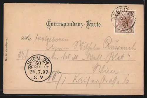 Lithographie Pernitz, Ortsansicht mit Steinwaldklamm und Myra-Wasserfälle