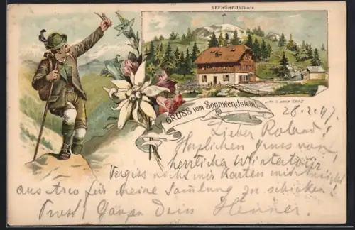 Lithographie Schottwien, Sonnwendstein, Bergsteiger und Schutzhütte