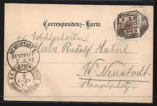 Lithographie Schottwien, Sonnwendstein, Bergsteiger und Schutzhütte