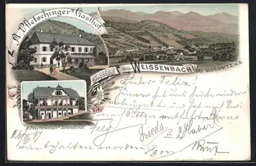 Lithographie Gloggnitz /N.-Oe., Weissenbach, A. Pfletschinger's Gasthof und Dependence