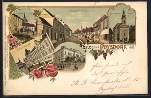 Lithographie Poysdorf, Schule, Dreifaltigkeits-Platz, Josef-Platz