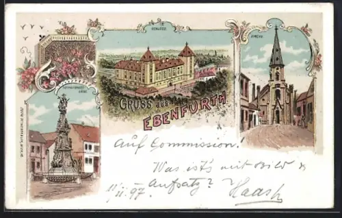 Lithographie Ebenfurth, Schloss, Kirche, Dreifaltigkeitssäule