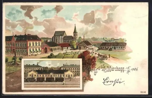 Lithographie Marchegg, Ortsansicht von oben, Bahnhof, Eisenbahnwaggons