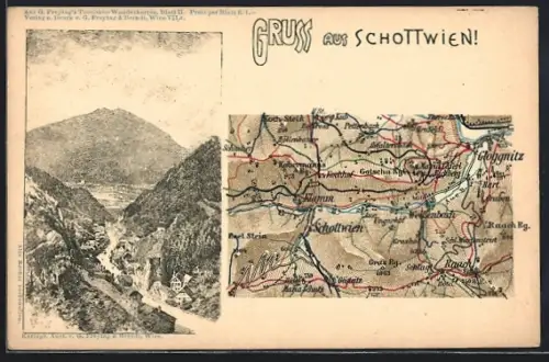 AK Schottwien, Landkarte der Umgebung, Blick ins Tal