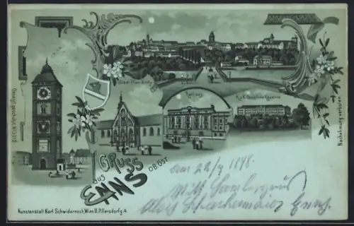 Lithographie Enns, Rathaus, K. u. K. Cavallerie Kaserne, Stadtpfarrkirche