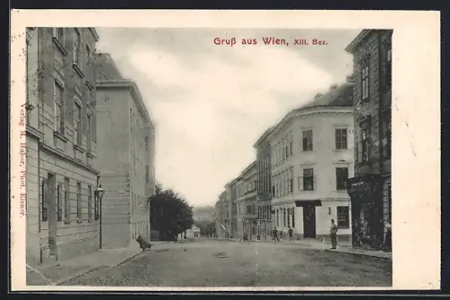 AK Wien, XIII. Bezirk, Strassenansicht mit Wohn- und Geschäftshäusern