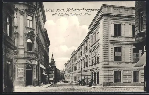 AK Wien, Kalvarienberggasse mit Offizierstöchter-Institut, Cafe am Strasseneck