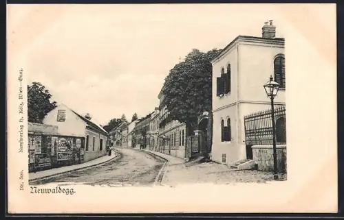 AK Neuwaldegg, Strassenansicht mit Reklame-Plakaten Teppichhaus S. Schein
