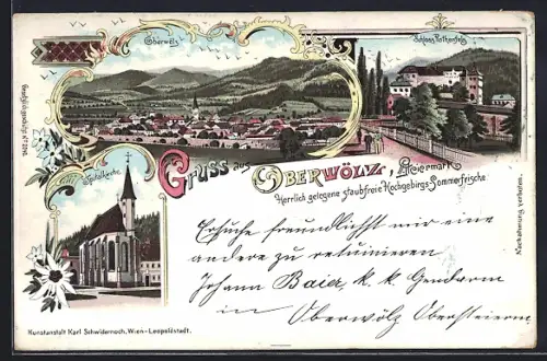 Lithographie Oberwölz /Steiermark, Spitalkirche, Schloss Rothenfels, Ortsansicht
