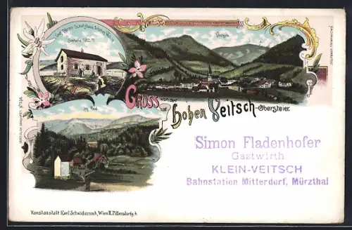 Lithographie Veitsch /Obersteier, Graf Meran Schutzhaus a. d. hohen Veitsch, Im Rad, Ortsansicht
