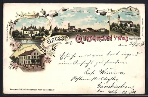 Lithographie Gunskirchen, Gasthaus Kreuzroithner, Wallfahrtskirche Maria Fallsbach, Schloss Irnharting