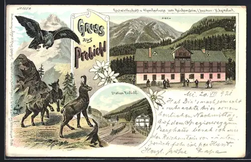 Lithographie Prebichl, Gastwirtschaft u. Alpenherberge zum Reichenstein, Bes. H. Spitaler, Station