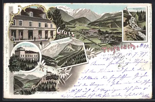 Lithographie Trofaiach, Geschäft v. Friedrich Luchinetti, Schloss Mell, Wasserfall, Ortsansicht
